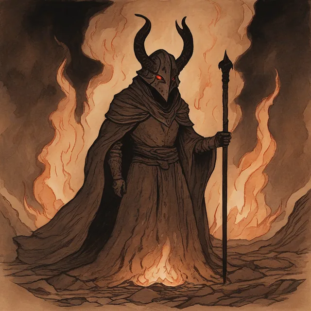 A horned figure in a dark hooded robe holding a tall staff, standing in fire.