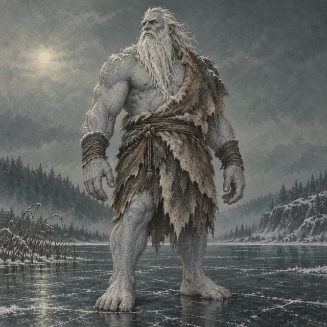 A huge white-bearded giant in rough furs standing on a frozen lake, pine forest behind.