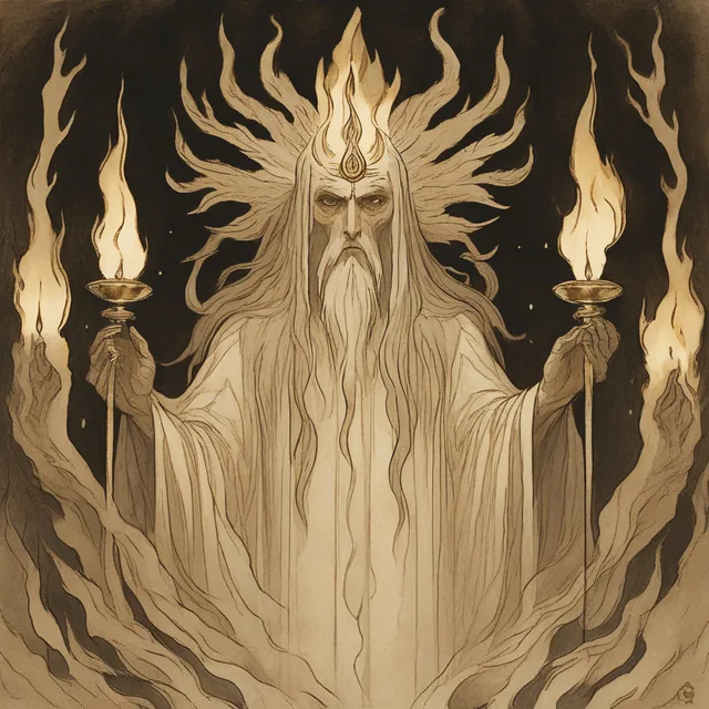 A robed figure crowned with rays like flames, standing between two tall torches, in gold and cream.