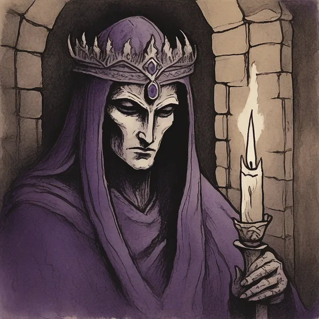 A gaunt crowned queen in a violet hood holding a candle in a stone alcove.