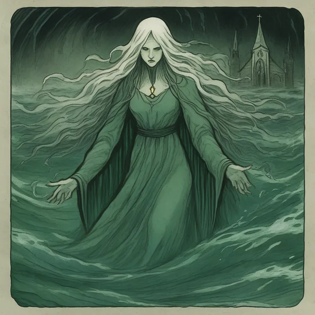 A pale woman with long white hair in a green gown rising from swirling green water, a steeple behind her.