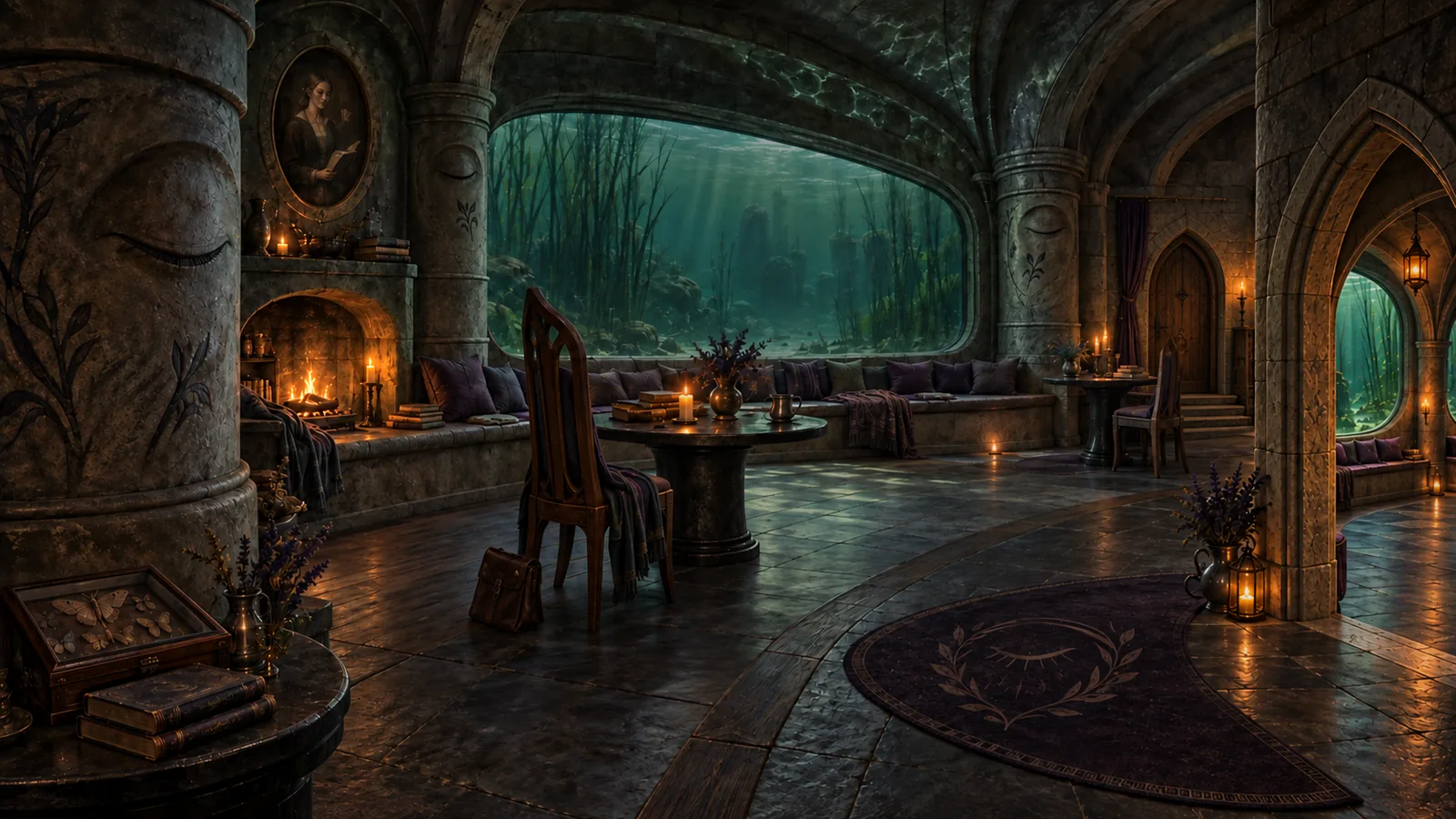 The Duskmere common room at dusk: carved stone pillars, a low fire, and a great window looking into green water under the lake.
