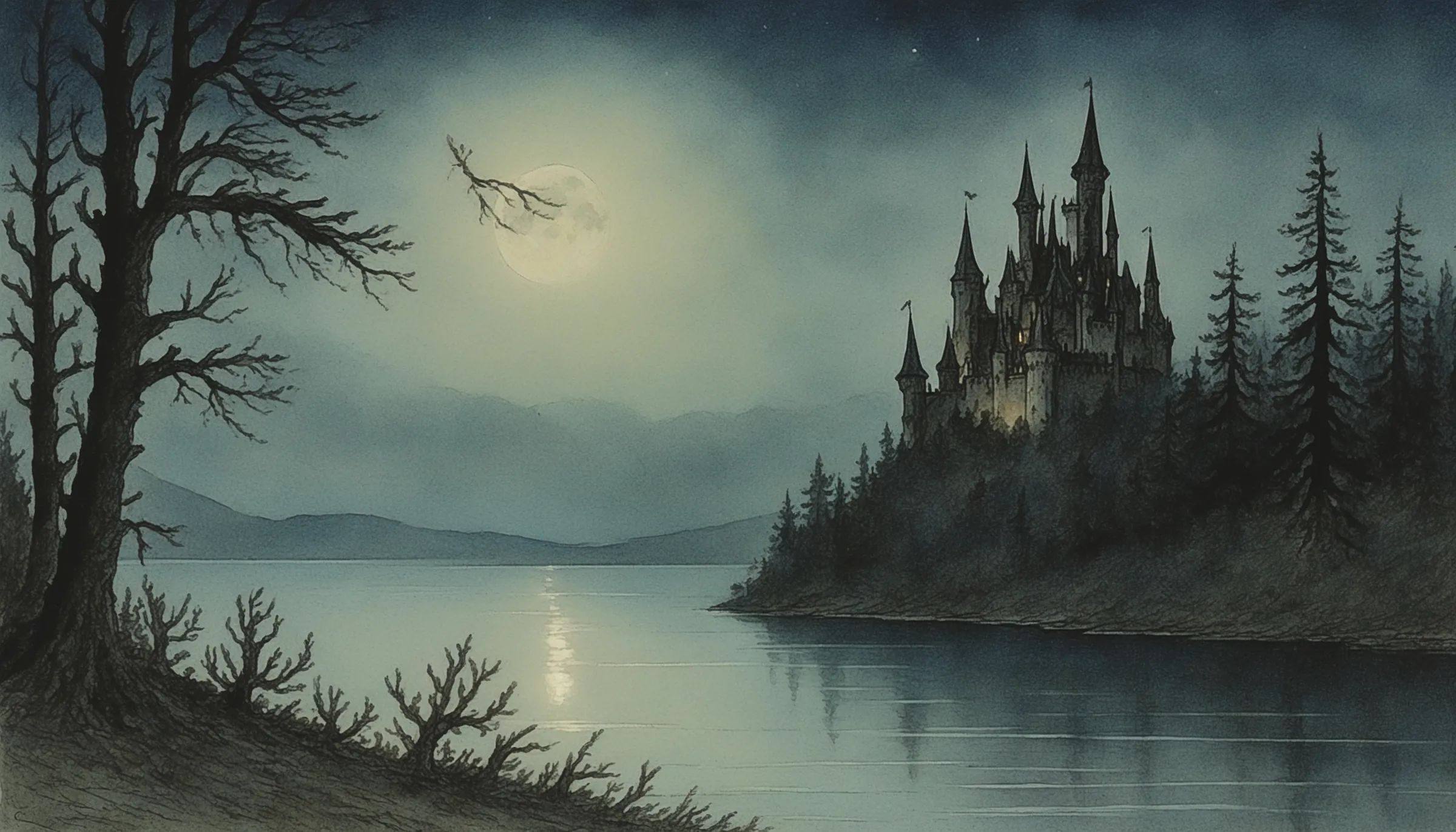 A castle of dark spires on a wooded shore across a still, moonlit lake, a bare tree leaning in from the near bank.