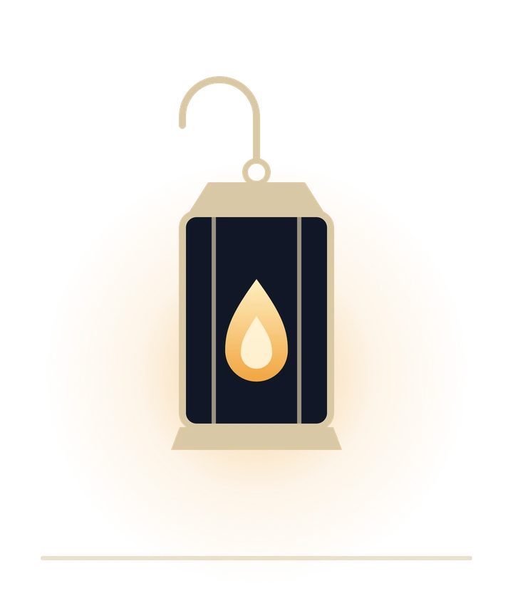 The Low Lantern Games lantern: one flame behind dark glass, glowing.