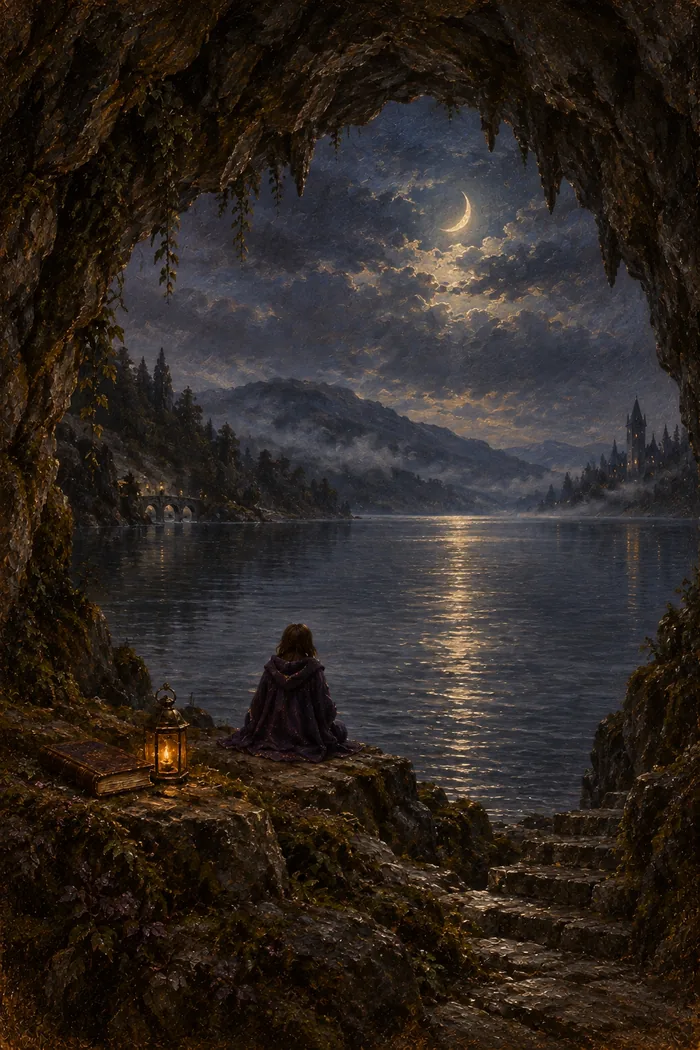 The finished Duskmere painting: a violet-hooded figure in a cave mouth above a moonlit lake.