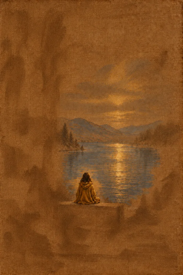 The Halloran painting in Year 1: on a bare brown ground, only a gold-hooded figure seated before a sunlit lake.