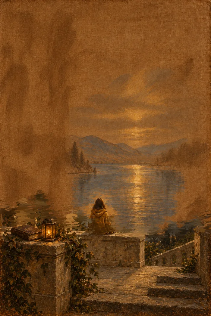 The Halloran painting in Year 4: a terrace wall and a lantern are painted in around the gold-hooded figure.