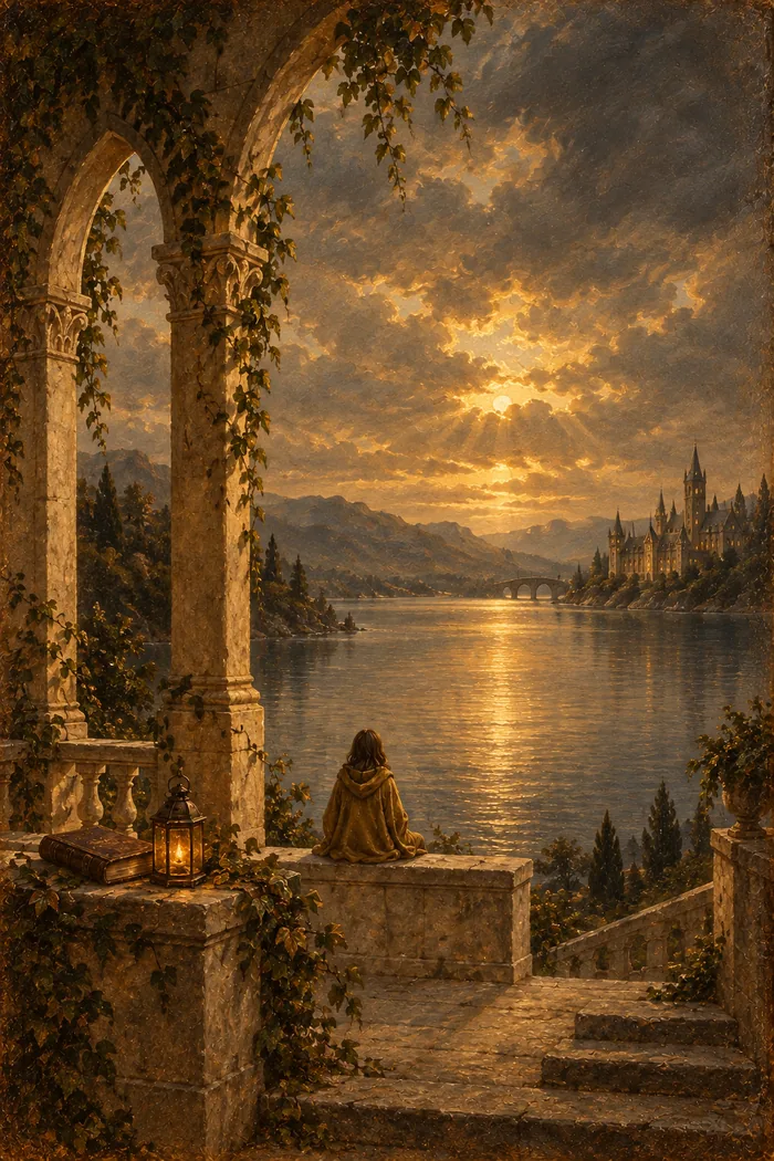 The finished Halloran painting: a gold-hooded figure under an ivy arch in golden evening light.