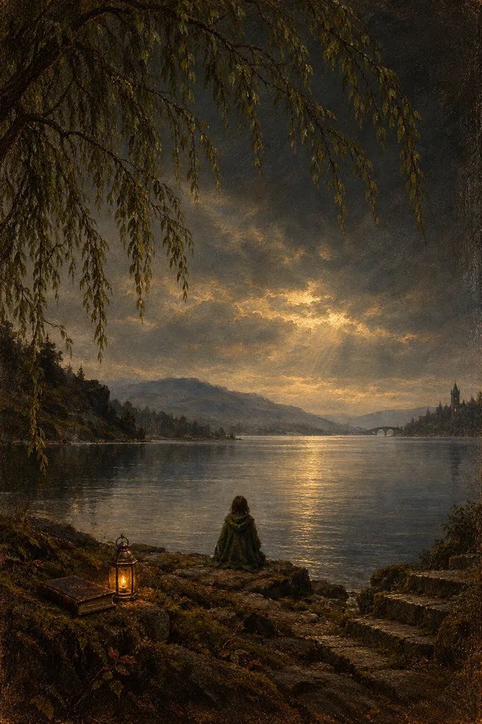 The finished Thornwick painting: a figure in a green cloak seated on a rocky shore under willow branches.