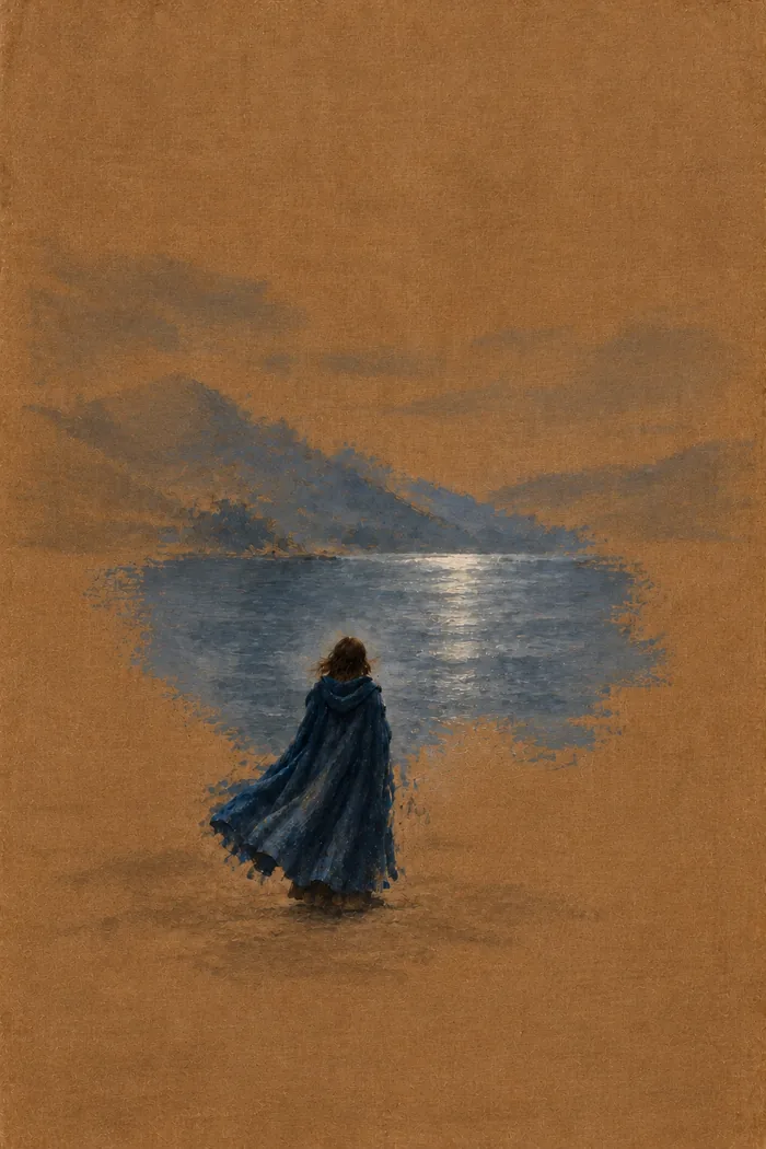 The Vaelstrom painting in Year 1: a blue-cloaked figure and a pool of lake on bare ground.
